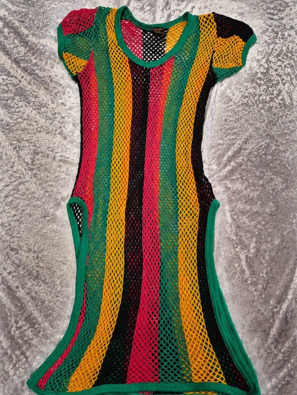Rasta Mesh Dress Cover Up Reggae Festival Fishnet Mini Tunic Y2K Size S